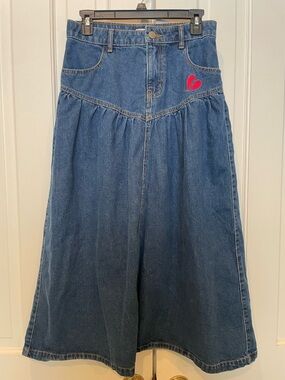 Urban Outfitters Kimchi Blue Clara Denim Midi Skirt with Red Heart Detail